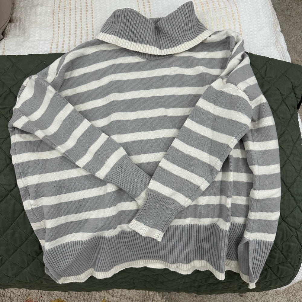 LOFT Gray and Cream Striped Turtleneck Sweater